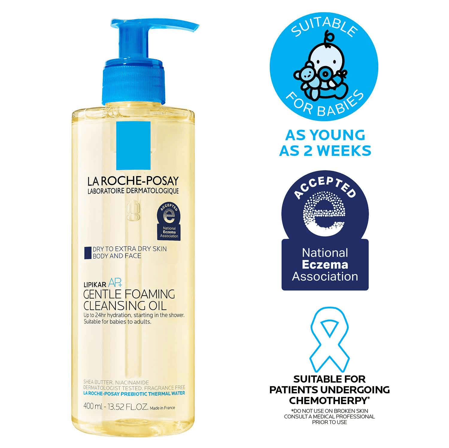 La Roche-Posay Lipikar AP+ Gentle Foaming Cleansing Oil Body Wash for Eczema & Sensitive Skin, 13.52 fl oz