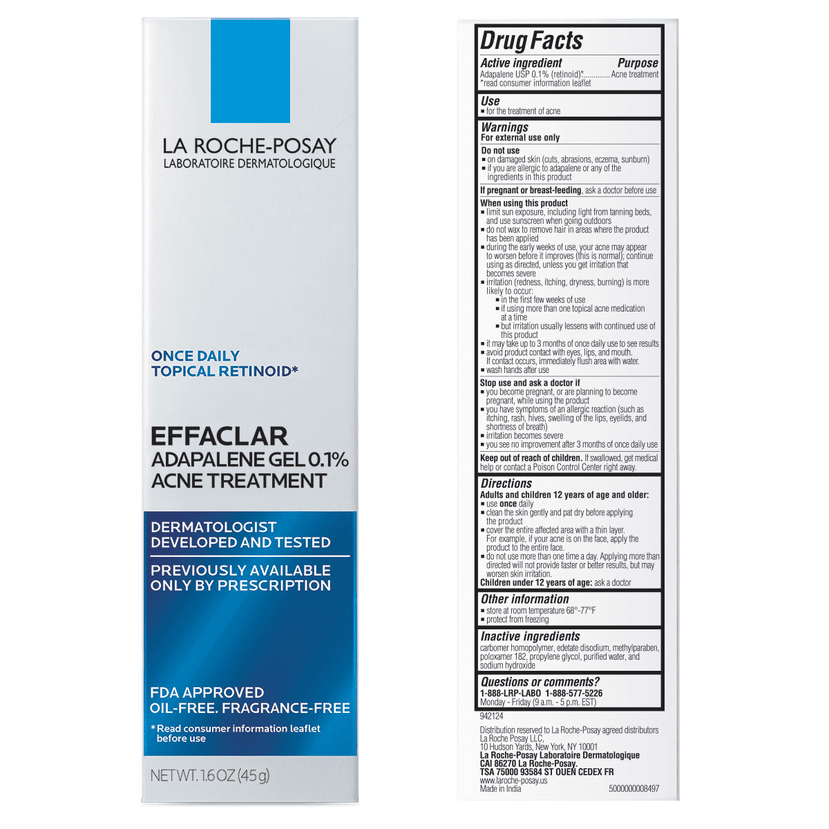 La Roche-Posay Effaclar Adapalene Gel 0.1% Acne Treatment, Retinoid Acne Cream for Oily Skin, 1.6 fl oz