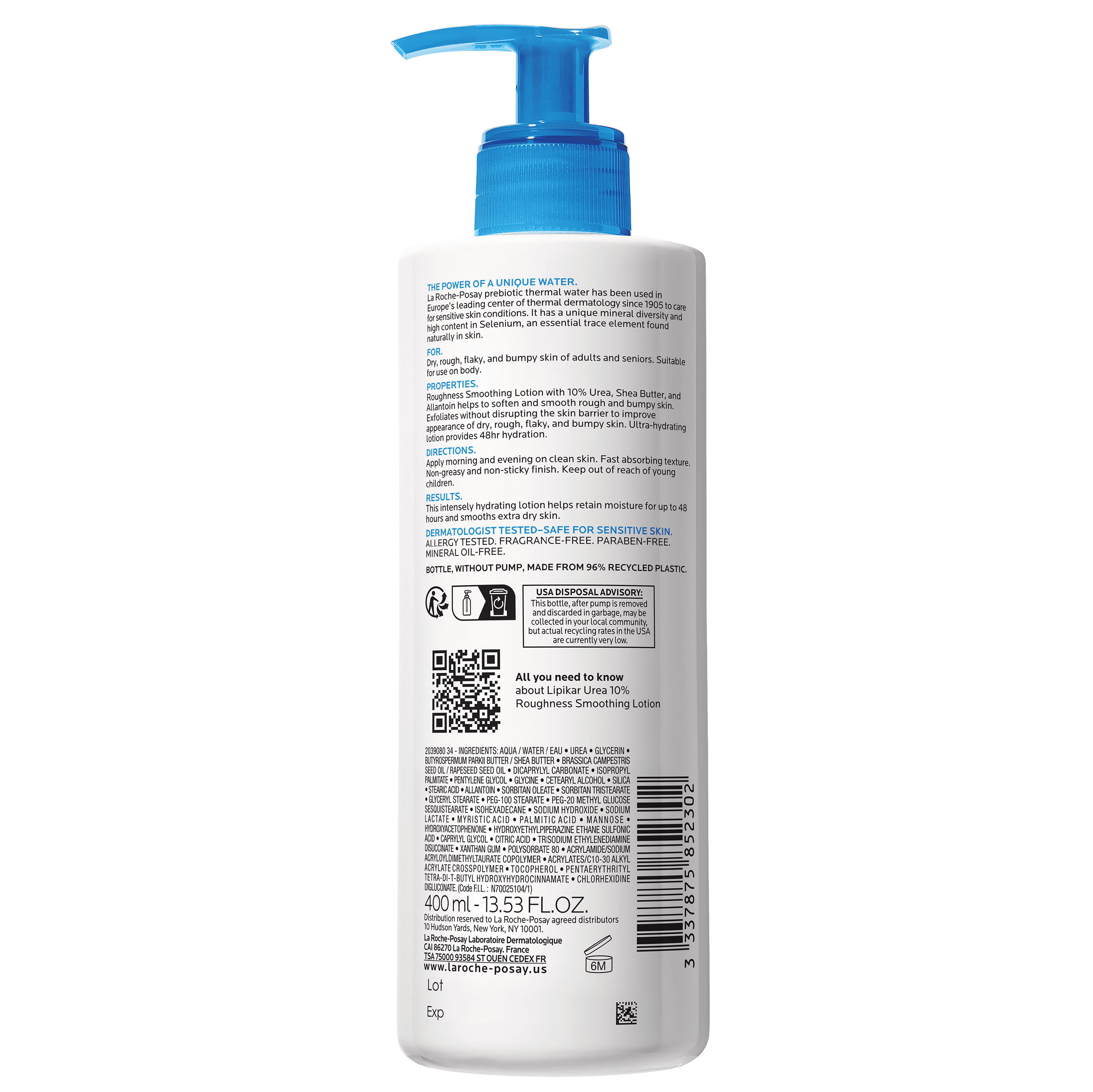 La Roche-Posay Lipikar Urea 10% Roughness Smoothing Body Lotion for Dry Skin, 13.52 fl oz