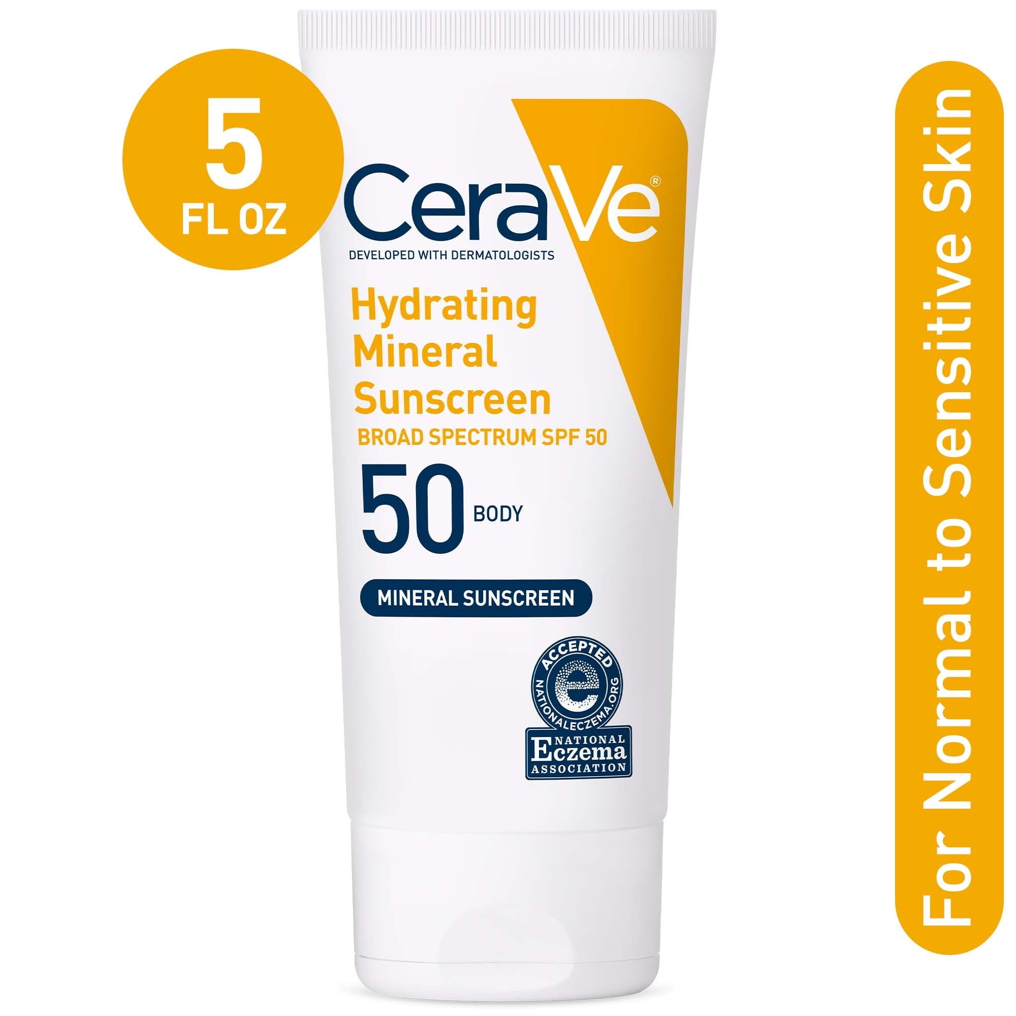 CeraVe Hydrating Mineral Sunscreen SPF 50 for Sensitive Skin, Kids & Adults Body Lotion 5 fl oz