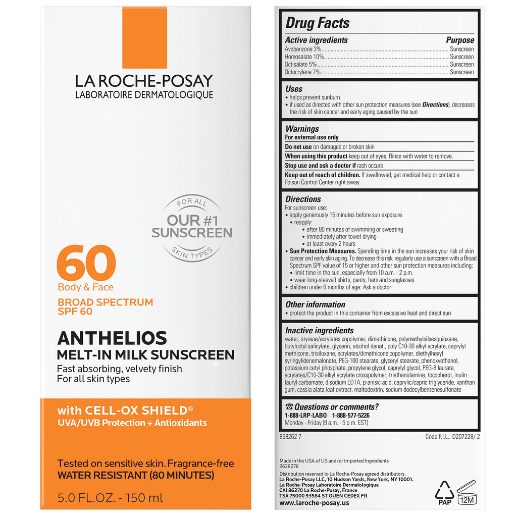 La Roche-Posay Anthelios Melt-In Milk Sunscreen SPF 60 Face and Body for All Skin Types 5.0 fl oz