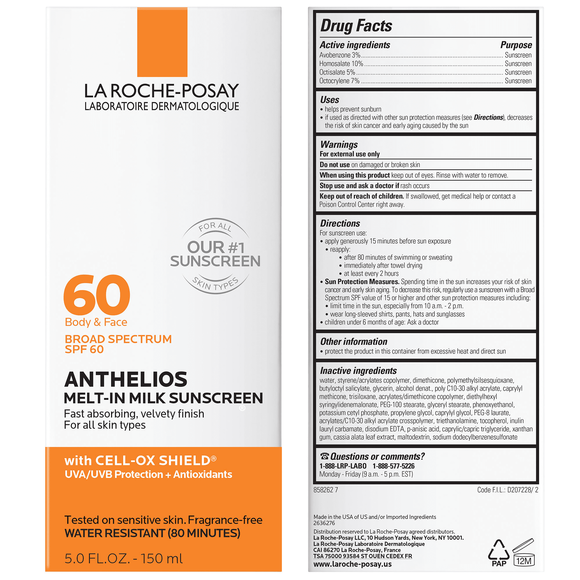 La Roche-Posay Anthelios Melt-In Milk Sunscreen SPF 60 Face and Body for All Skin Types 5.0 fl oz