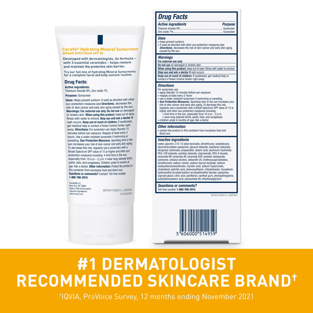 CeraVe Mineral Sunscreen Hydrating SPF 50 Face Lotion for Sensitive Skin, Kids & Adults 2.5 fl oz