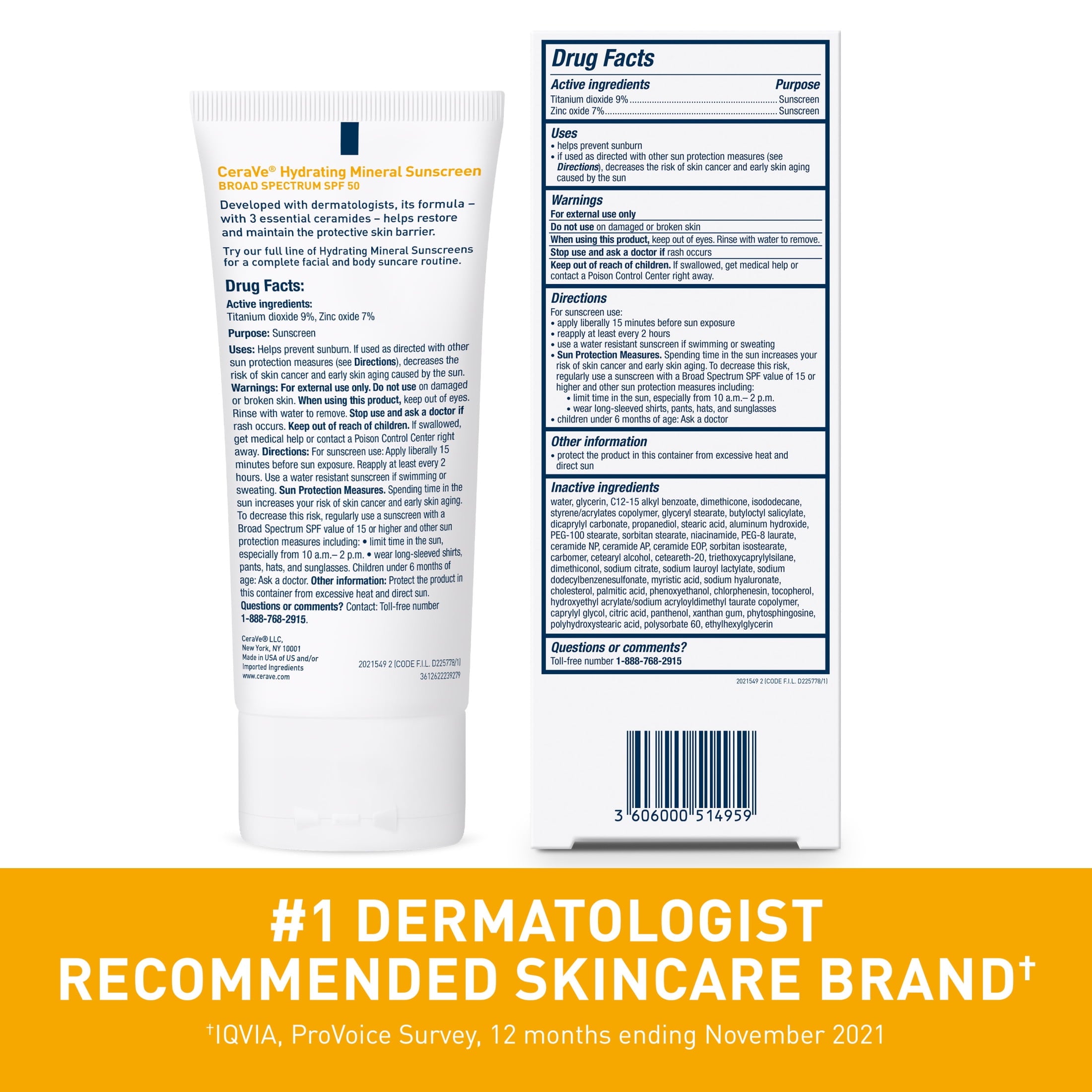 CeraVe Mineral Sunscreen Hydrating SPF 50 Face Lotion for Sensitive Skin, Kids & Adults 2.5 fl oz