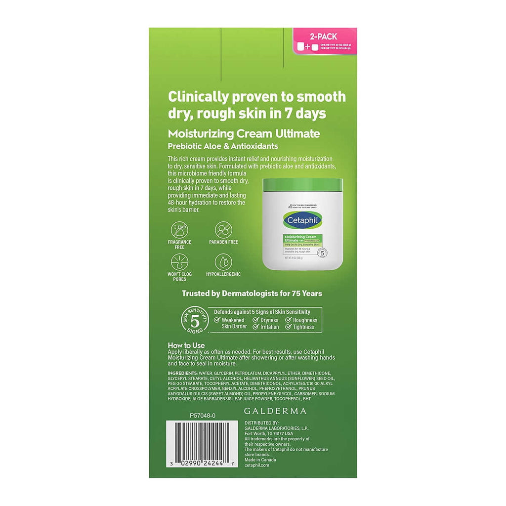 Cetaphil Moisturizing Cream Ultimate with Prebiotic Aloe 2 Pack (20 Oz + 16 Oz)