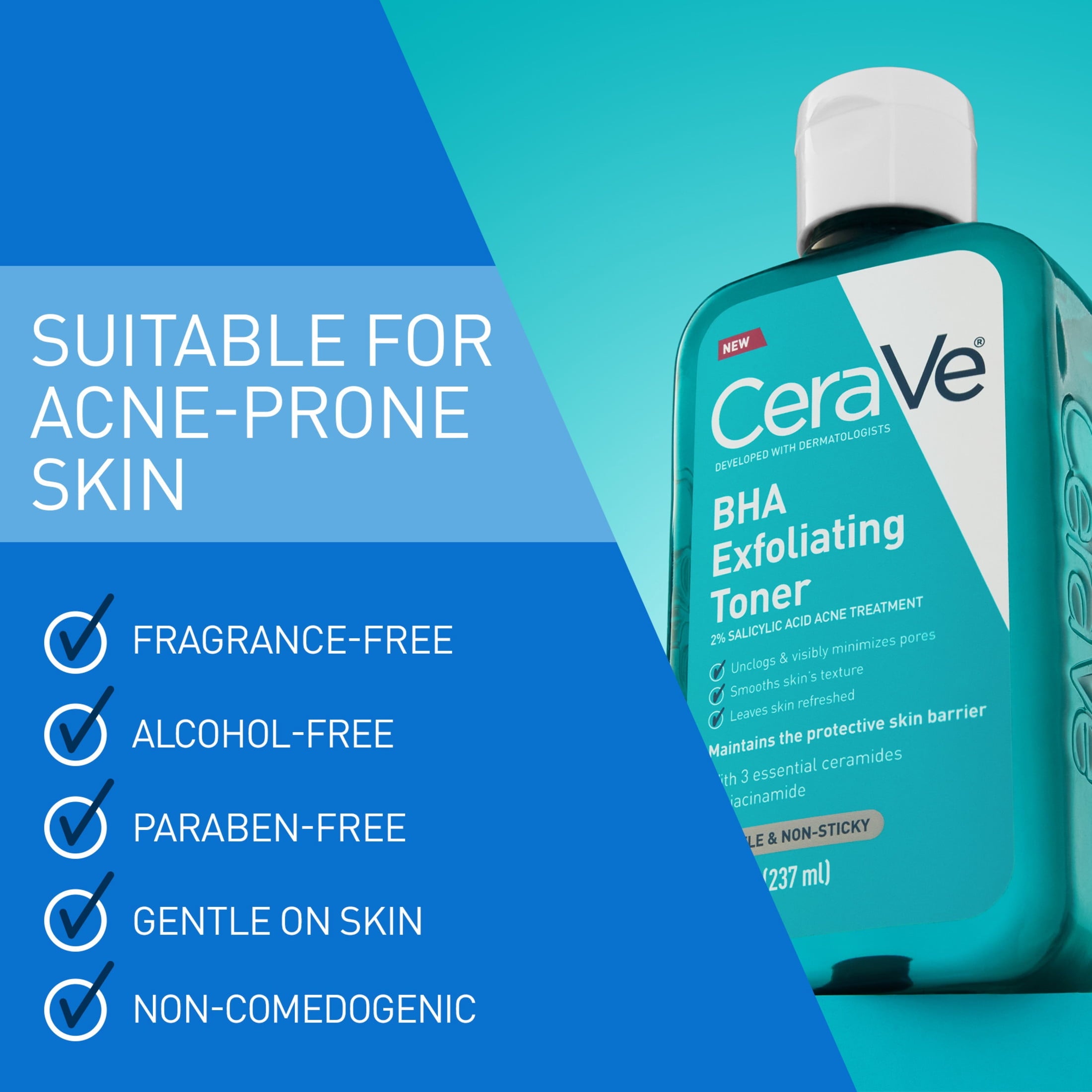 CeraVe BHA Exfoliating Facial Toner 2% Salicylic Acid Acne Treatment 8 fl oz