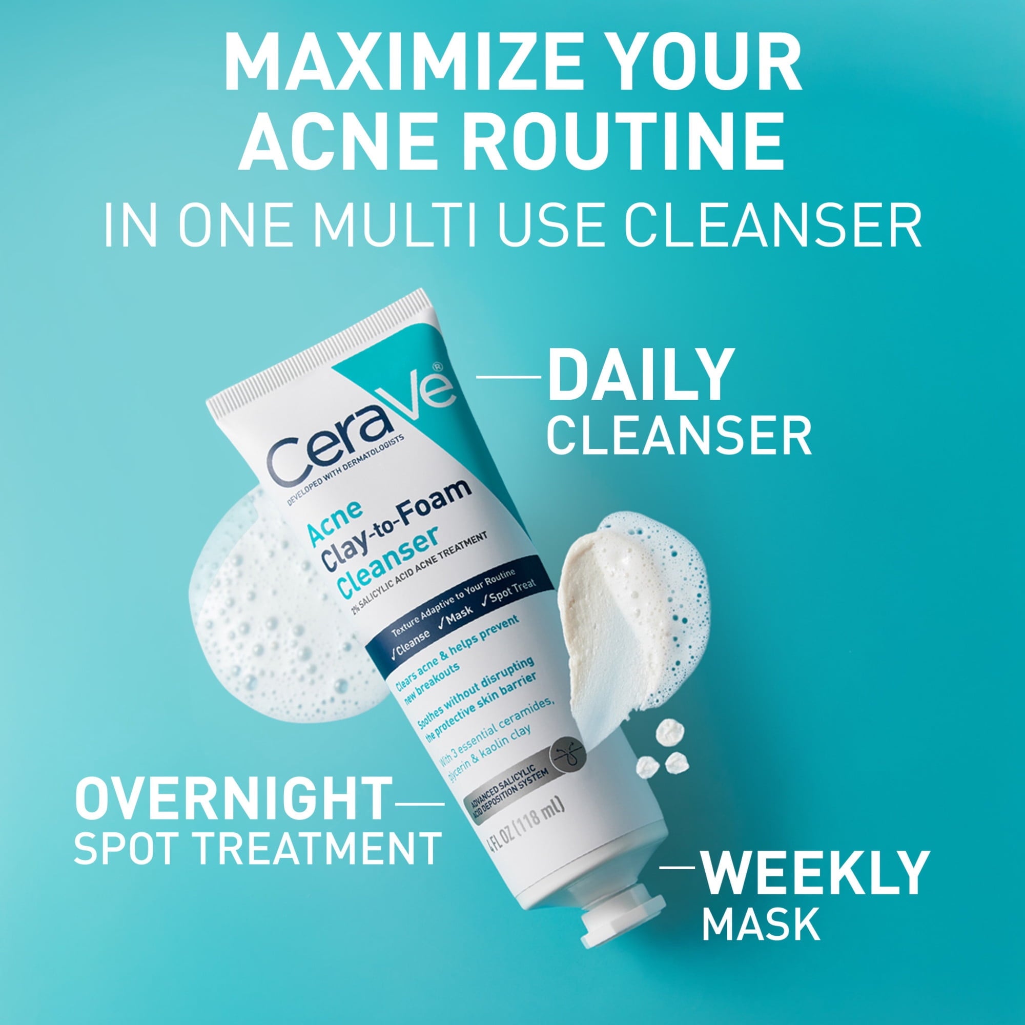 (2 pack) CeraVe Clay to Foam Acne Facial Cleanser, Mask & Spot Treatment for Acne Prone Skin 4 oz