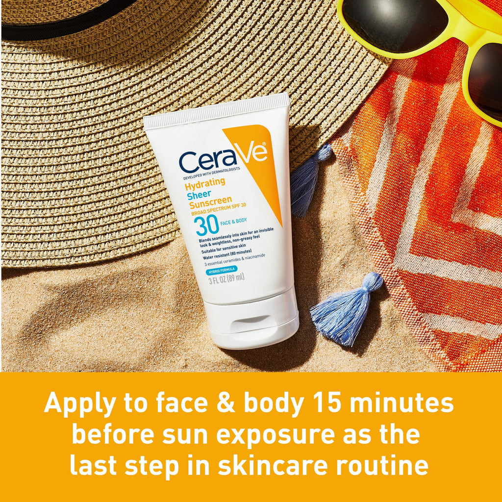 CeraVe Face Sunscreen Hydrating SPF 30 Broad Spectrum Hybrid Mineral Water Resistant Non-Comedogenic Lotion, 3 fl oz