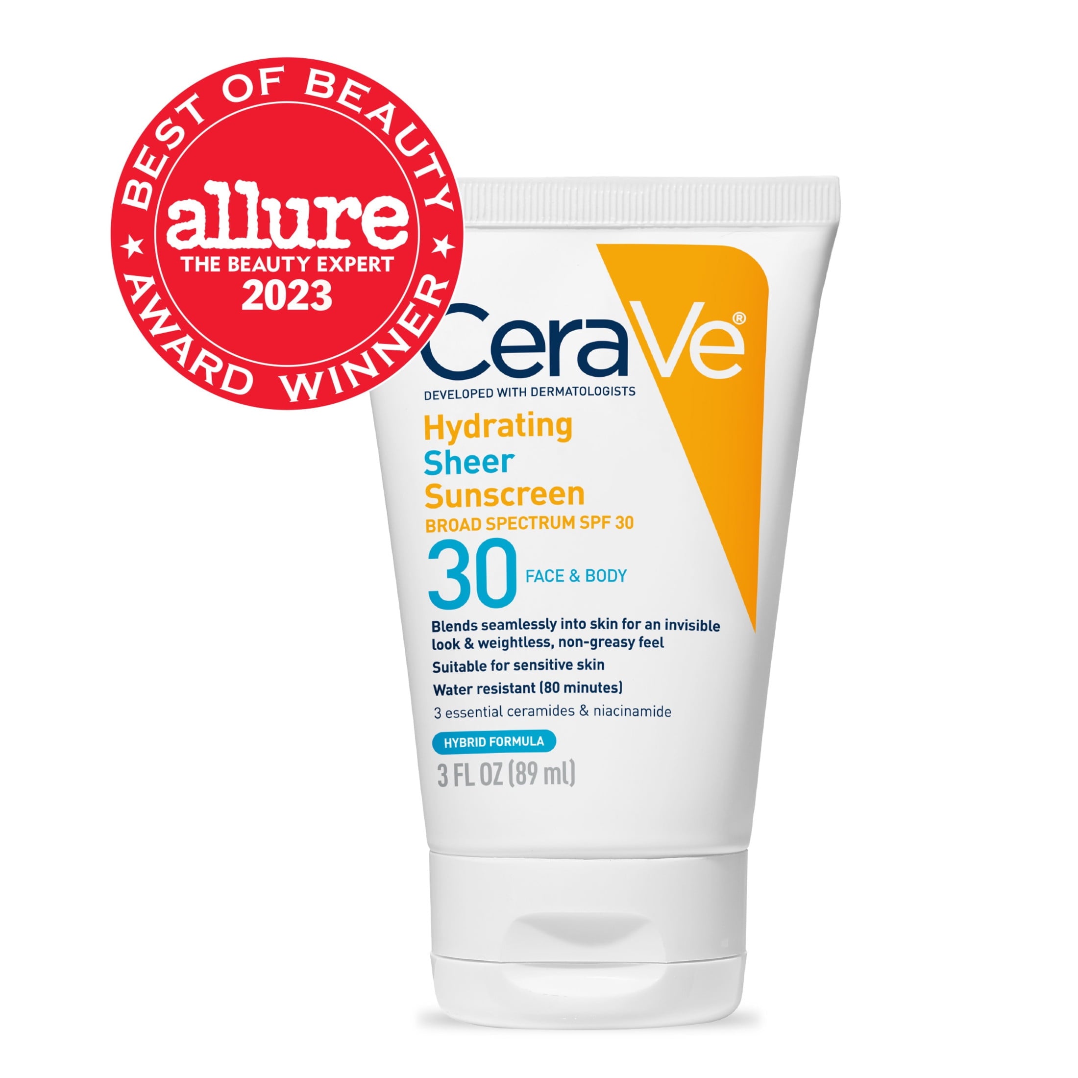CeraVe Face Sunscreen Hydrating SPF 30 Broad Spectrum Hybrid Mineral Water Resistant Non-Comedogenic Lotion, 3 fl oz
