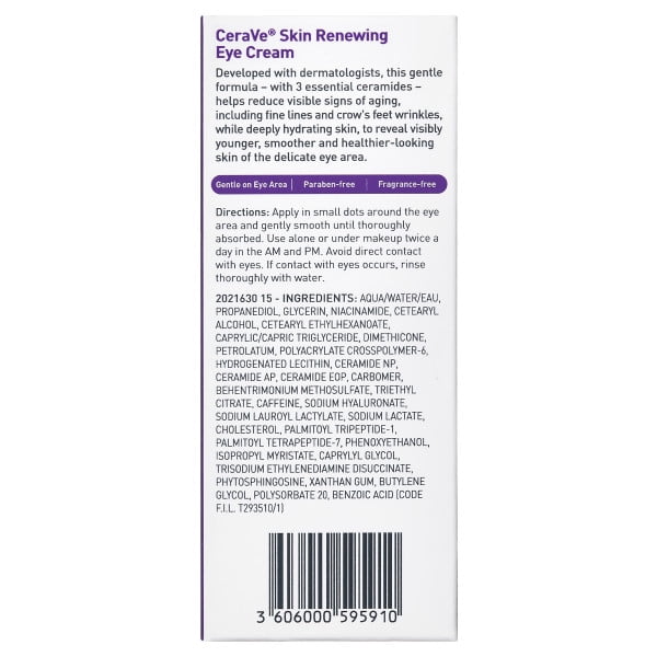 CeraVe Skin Care Renewing Eye Cream for Dark Circles & Puffiness with Peptides, Hyaluronic Acid, Niacinamide, Caffeine, Fragrance Free 0.5 fl oz