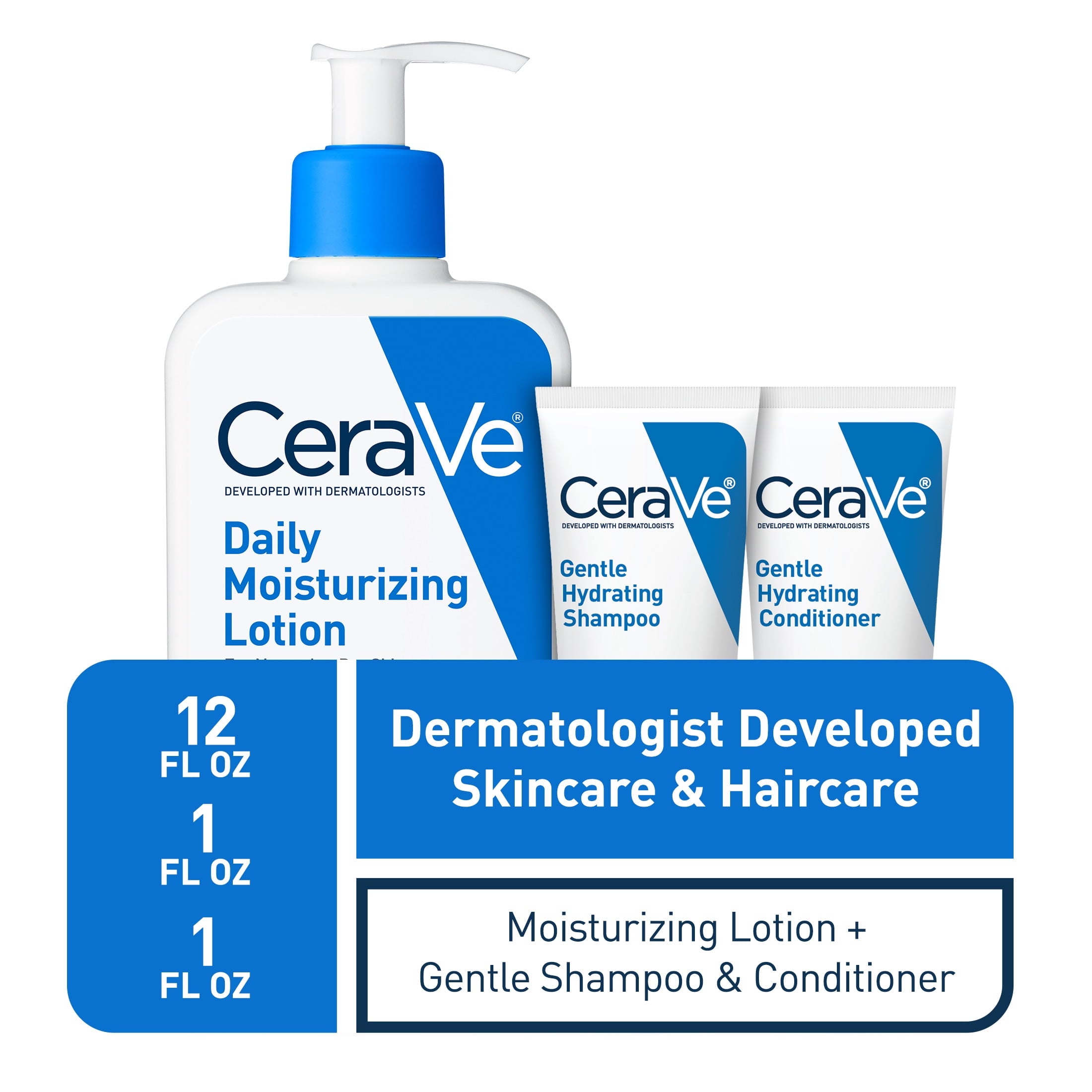 CeraVe Daily Moisturizing Lotion 12 oz, Gentle Hydrating Shampoo & Conditioner (2 x 1oz)