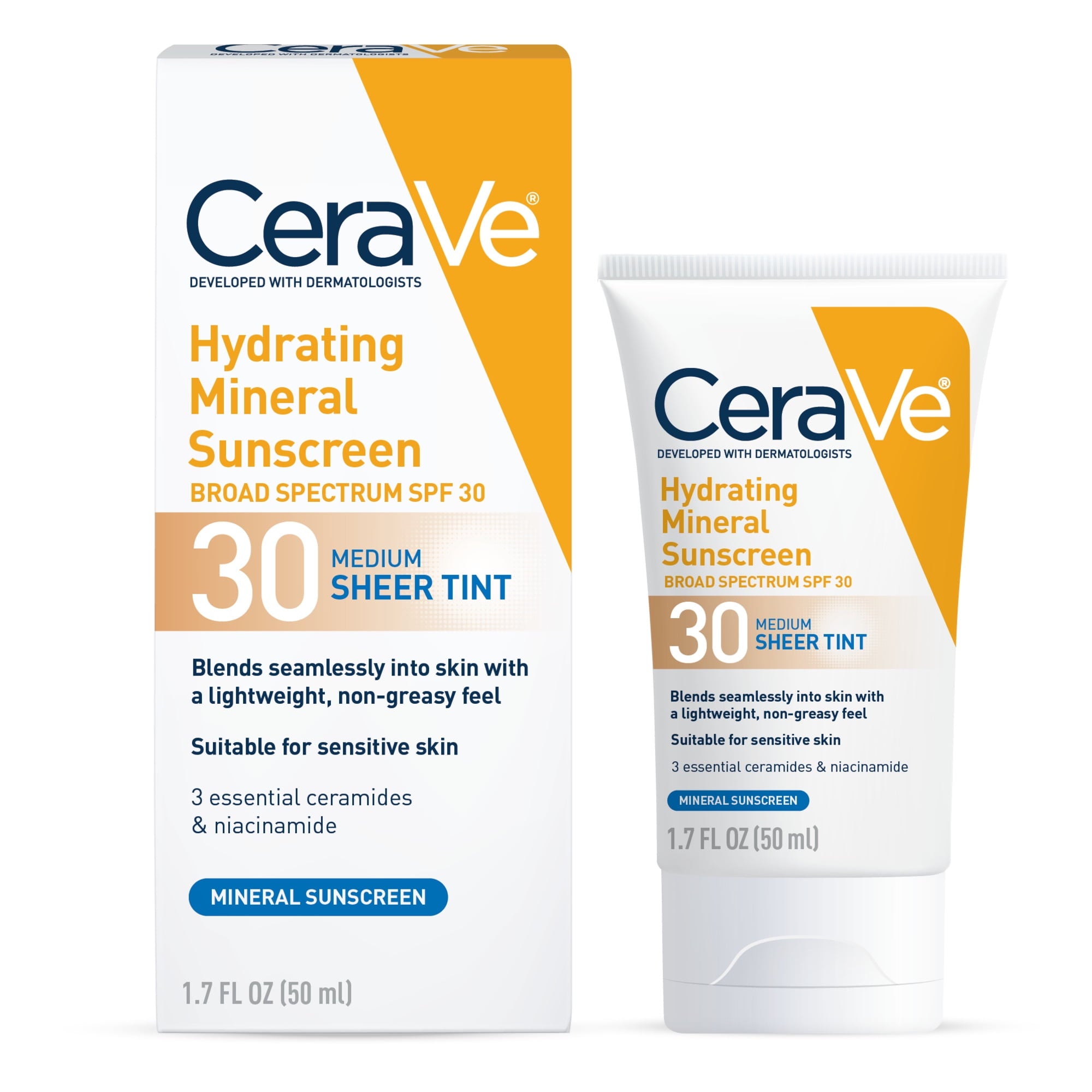 (2 pack) CeraVe Sunscreen Tinted Hydrating 100% Mineral Broad-Spectrum Lotion SPF 30 for Face with Sheer Tint