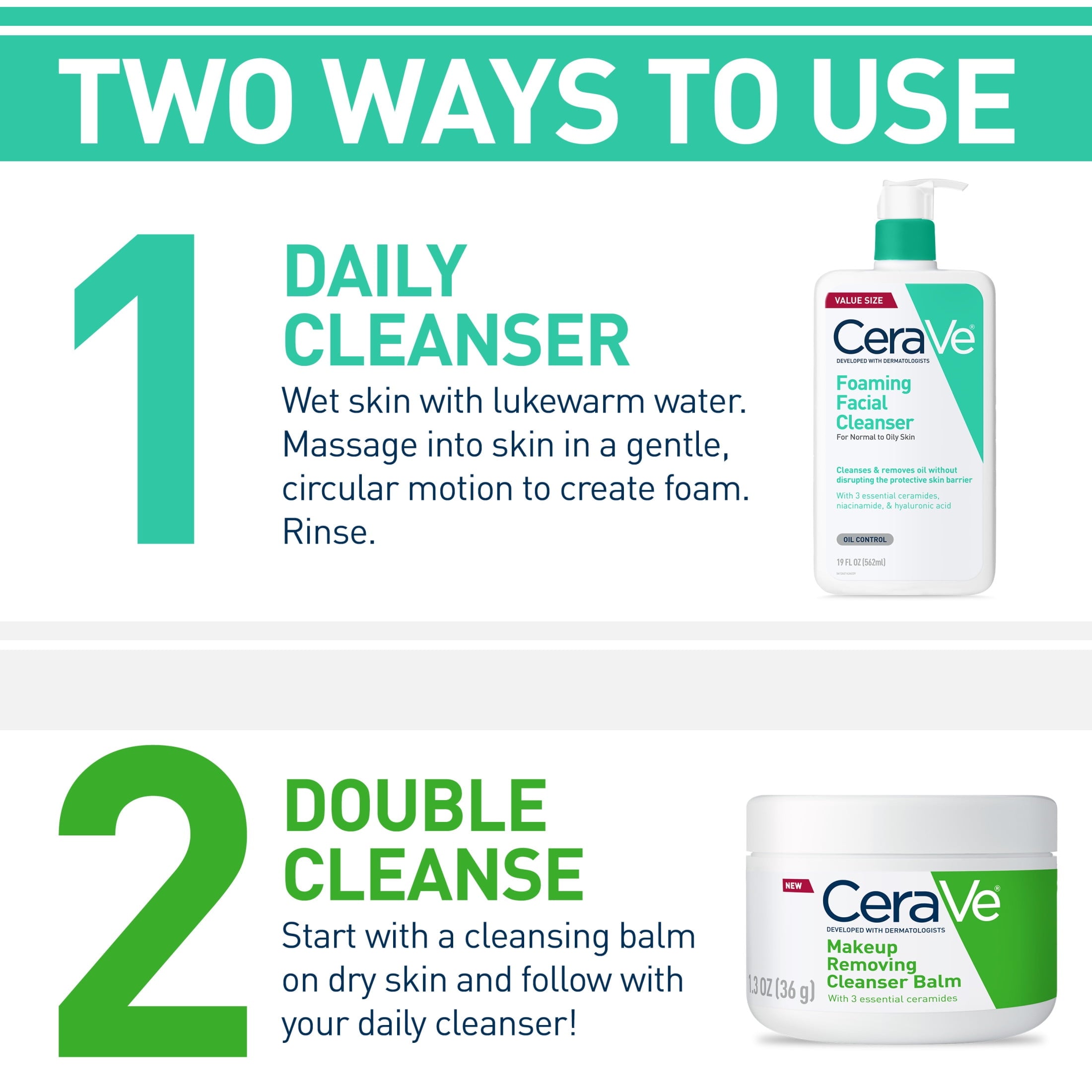 (2 pack) CeraVe Foaming Facial Cleanser, Daily Face Wash for Normal to Oily Skin, 3 fl oz & 16 fl oz
