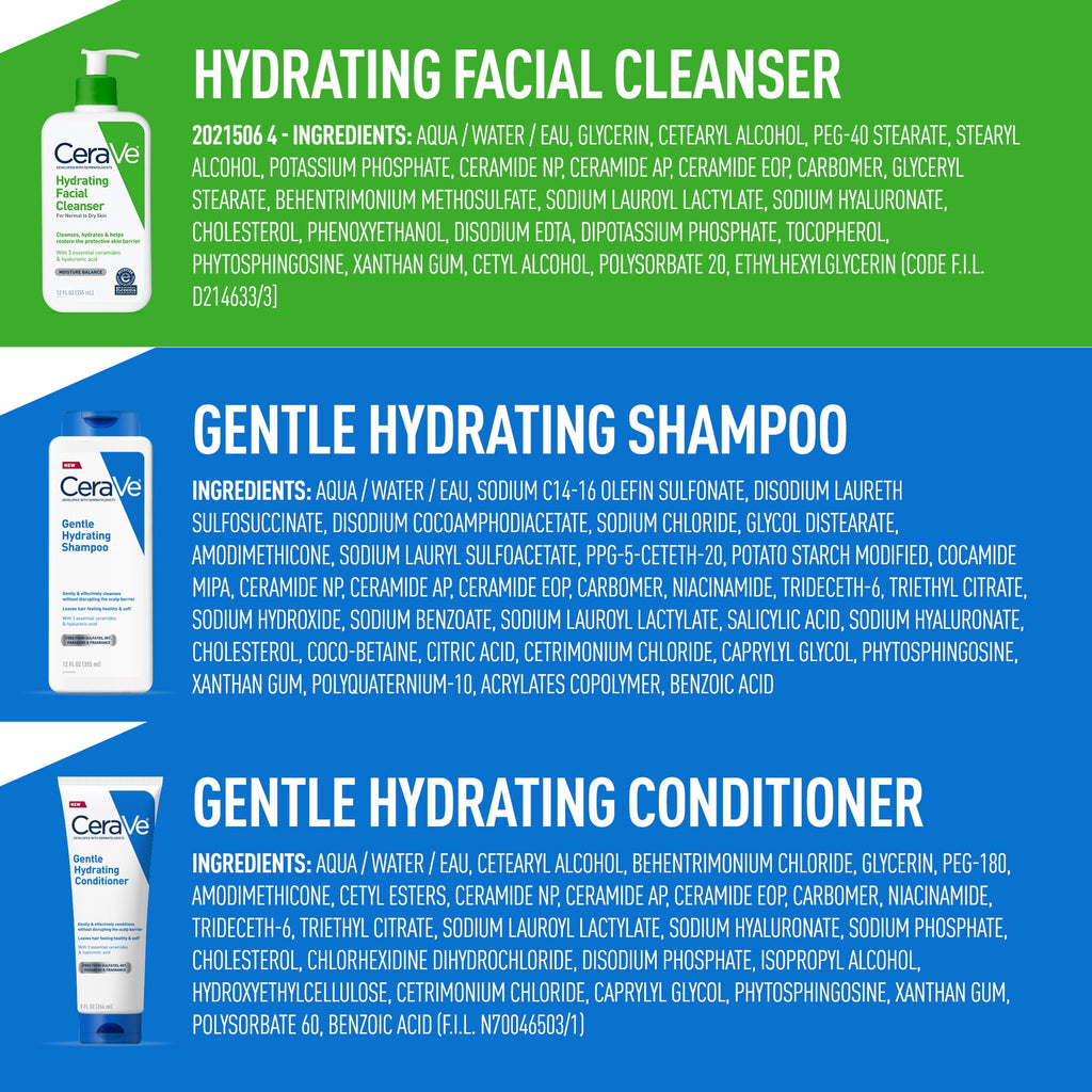 CeraVe Hydrating Facial Cleanser Bundle with CeraVe Hair Samples, 14 fl oz
