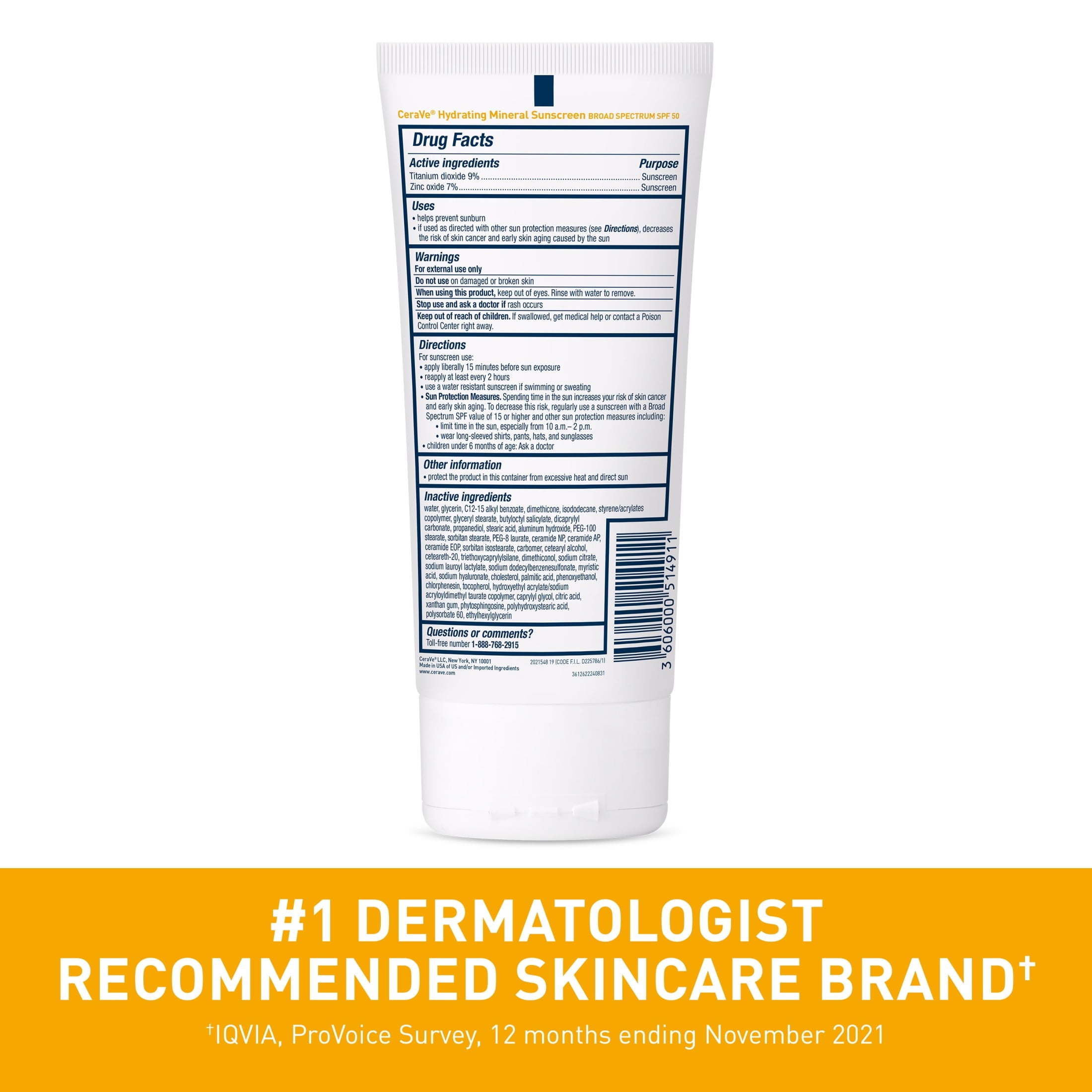 CeraVe Hydrating Mineral Sunscreen SPF 50 for Sensitive Skin, Kids & Adults Body Lotion 5 fl oz